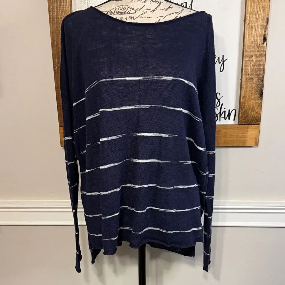 Eileen Fisher Women's Navy & White Organic Linen Stripe Knit Sweater